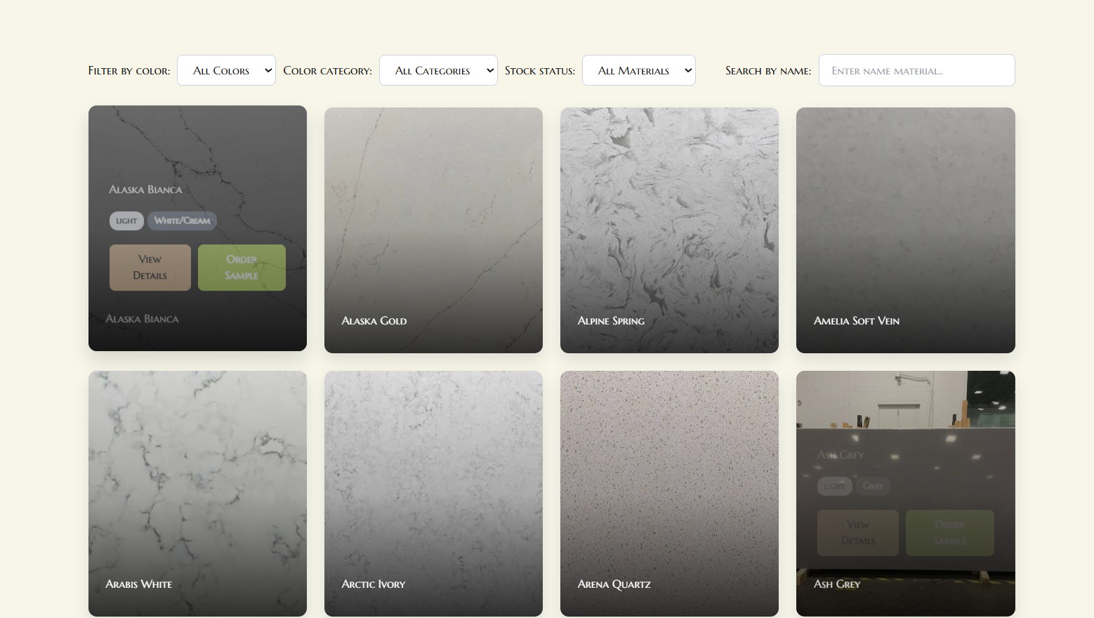 Material catalog with filters